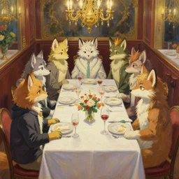 a romantic dinner date fancy restaurant scene, but it's all furry anthro fursonas, anime manga drawing in the style of beastars. trending on pixiv and artstation. absurdly - detailed oil painting, by james gurney, dan mumford, wayne reynolds, ron spencer, gustave dore, charles monet