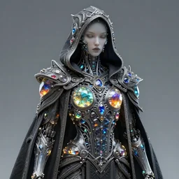 cybernetic crystal assassin, award winning concept render, realistic, matte intricate linework, beautiful spectrum of colorful gems on dark intricate armor cloak, cyborg, clear focus portrait, glowing, baroque, hooded, ornate!!!, futuristic, detailed, moody, magical, wlop, chebokha, rutkowski, artgerm, shinkai