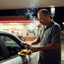 Big Smoke from Grand Theft Auto ordering food at a drive thru, at night, lights coming off the fast food restaurant