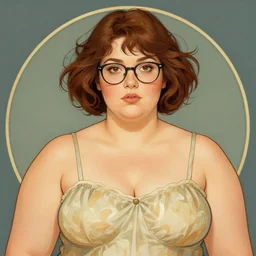 portrait of a curvy stocky romanian woman, brown hair, messy bob, brown eyes, romanian, glasses, wide shot, digital art, alphonse mucha, loish, 8 k, trending on artstation