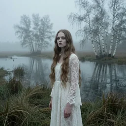cinestill 5 0 d wide portrait of a dreamy dystopian beautiful woman britt marling 3 / 4 style by liebovitz stand in highlands curvy horizon birches grassy, foggy flooded swamp riverbank shore land, long hair, wearing long lace, elegant, highly detailed, pale scary matt, soft blur, artstation, sharp focus, head in focus