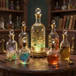 A collection of magic bottles on a table of alchemist, a lot of high details, other bookshelves with bottles and alchemy stuff in the background::fantasy, detailed concept art, artstation::8K, 4K, sharp focus, octane render