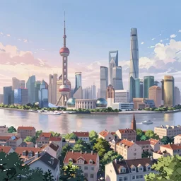 Shanghai city peaceful and serene incredible perspective, soft lighting, anime scenery concept art, 4K, Your Name., by Makoto Shinkai