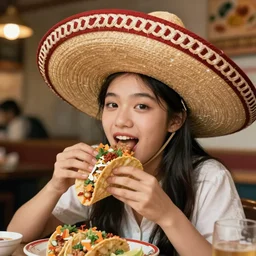 a chinese girl with a long sombrero eating tacos. highly detailed. super sharp focus