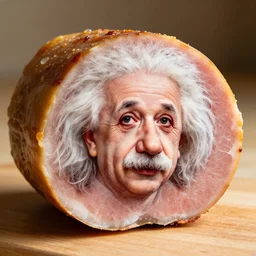 the face of albert einstein on an!!! eisbein!!!, pickled!!! ham!!! hock with the face of einstein, food photography