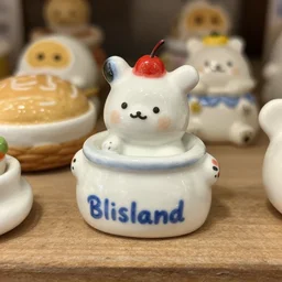 “Blisland Bakery, small ceramic trinket, miniature, hand-painted, sculpture, photorealistic, thrift store, 2022”