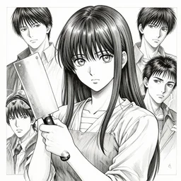 portrait of anime girl holding a cleaver, pen and ink, intricate line drawings, by craig mullins, ruan jia, kentaro miura, greg rutkowski, loundraw