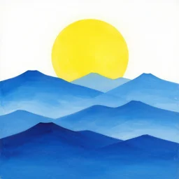 painting of layered blue mountains with a white background, a bright yellow sun while under the influence of lsd. psychedelic. trippy.