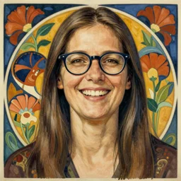 portrait of a german woman, straight hair, german, laugh lines, glasses, wide shot, digital art, alphonse mucha, loish, art nouveau, 8 k, trending on artstation