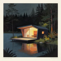 ( ( dither ) ), editorial illustration a lakeside cabin designed by zaha hadid in the forest at night. colorful, modern art death, mads berg, karolis straututniekas. ( ( christopher balskas ), fine texure, dynamic perspective, detailed, matte print, muted color, lomography, dramatic lighting