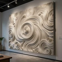 : self organizing patterns sculpture art on the wall in modern architecture studio, cinematic lighting, hyper - realistic, detailed, render by c 4 d octane, unreal engine, 8 k 3 d render
