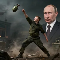 a photorealistic hyperrealistic, boy throwing grenade on putin, beautiful dynamic dramatic low - light moody lighting, cinematic atmosphere, artstation, concept design art, octane render, 8 k