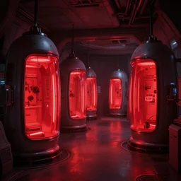 interior of cryogenic pods room inisde an alien spaceship, red light on pods, volumetric lighting, atmospheric