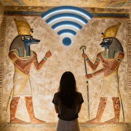 egyptian animal gods looking for wifi, ancient egyptian murals.