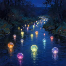 glowing orbs in many colors on floating down a river, evocative, mystical night, detailed, award winning, trending on artstatioon artwork by Thomas Kinkade,