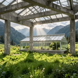 interior of a brutalist concrete greenhouse in a lush meadow, surrounded by mountains, godrays, volumetric lighting