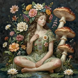 Portrait of a girl surrounded by flowers and morphing into mushrooms while sitting at a pond with waterlilies, face, fantasy, intricate, elegant, highly detailed, digital painting, artstation, concept art, smooth, sharp focus, illustration, art by Fernanda Suarez and Artem Demura and alphonse mucha