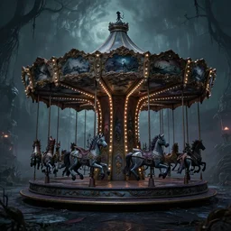 a dark fantasy  side view of a dark evil carousel, tim burton, world of warcraft, league of legends