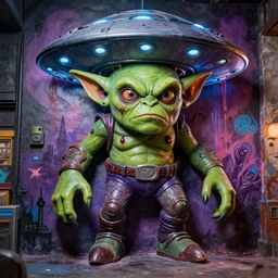 an 8 k photo real glossy hi res volumetric lighting 8 0 mm graffiti mural depicting a gremlin ufo orc zardoz lovecraft stranger things lord of the rings beast monster frightening clay sculpture fright night horror terror super hero toy marvel
