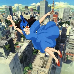 a woman wearing a blue dress and wearing a blue bird mask falling from a building in Tokyo, anime film still from the an anime directed by Katsuhiro Otomo with art direction by Salvador Dalí, wide lens