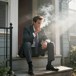 business man smoking herb on the front stoop by marc adamus, morning, mist, smoke, rays of light, beautiful