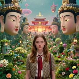 , movie still by wes anderson of a beautiful girl wearing gucci exploring a magical japanese garden with flowers, glowing temple in the distance, floating big magical deity heads with gucci headdresses, miniature eco - cities, dreamy - vibes, aesthetic feel, cinestill 8 0 0 t, high quality, very detailed, heavy grain, fine facial features, 8 k
