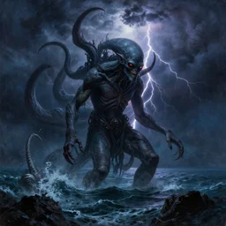 Cthulhu rising from the ocean during a stormy night, lightning, by Walter Brocca, detailed