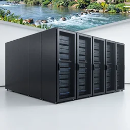 data center, servers, river on the floor, photo, high quality,