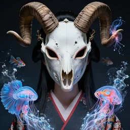 goddess macro close - up portrait wigh crown made of ram skull. beautiful intricately detailed japanese crow kitsune mask and clasical japanese kimono. betta fish, jellyfish phoenix, bioluminiscent, plasma, ice, water, wind, creature, artwork by tooth wu and wlop and beeple and greg rutkowski