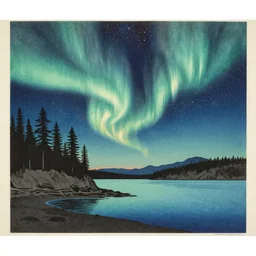 northern lights over lopez island, wa, japanese woodblock print
