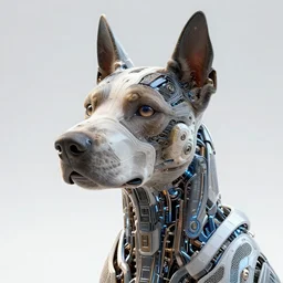 a hiper intricate portrait of beautiful cybernetic dog build by artificial inteligence almost done, insanely intricate 3 d render, hyper realistic detailed portrait, scifi, hdri light, photoreal, hyper detailed, clean background, octane render, concept art, by peter mohrbacher, by wlop, by ruan jia
