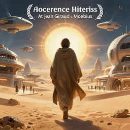 centered portrait of illustration, detailed, a person with a cloak walking through the desert mall, volumetric, sci fi, space ships in the enviroment, fantasy scheme | coherence | art by jean giraud and moebius