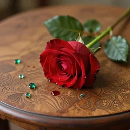 a single red rose is on a wooden table with subtle carved filigree and drops of blood, scattered emeralds, close up view, dramatic lighting, DOF, soft, sharp focus, art nouveau, intricate artwork by Raymond Swanland and Greg Rutkowski