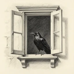 a raven in an open window at night, victorian architecture, pencil drawing, by algernon blackwood