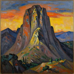 picassos interpretation of tall majestic mountains during sunset, neo baroque painting by picasso