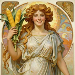 masterpiece painting of beautiful fortuna goddess of wealth with long tangles of hair holding cornucopia, gorgeous smile, fully clothed wearing a toga, hyper realistic face, volumetric lighting, roman fantasy art, organic matte, in the style of alphonse mucha, donato giancola, tom bagshaw, intricate, hyper detailed, smooth, vibrant aura