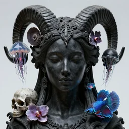 goddess princess face close-up portrait ram skull. sculpture made of black stone. jellyfish phoenix head, nautilus, orchid, skull, betta fish, bioluminiscent creatures, intricate artwork by Tooth Wu and wlop and beeple. octane render, trending on artstation, greg rutkowski very coherent symmetrical artwork. cinematic, hyper realism, high detail, octane render, 8k