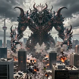 Ominous ariel view news footage of Gargantuan, Mastodonic, Inter-Dimensional Behemoth Entity Monster designed by Moebius, GANTZ, H.R. Giger at devastated Toronto downtown district, chaotic riots in 2022, directed by James Cameron, denis villeneuve