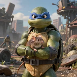 rat and ninja turtles in a post apocalyptic setting, ghibli, unreal 5, DAZ, hyperrealistic, octane render, RPG portrait, dynamic lighting