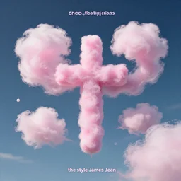 “cotton candy clouds, floating cross, album art in the style of James Jean”