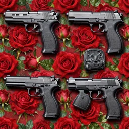 hyper realistic guns and red roses pattern, art by greg rutkowski, intricate, ultra detailed, photorealistic, vibrante colors, colorful, trending on artstation, 4 k, 8 k