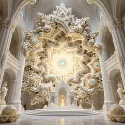 a hyperrealistic 3 d render of a sprawling fractal cathedral interior populated by mandelbrot fractals, unreal engine, carved ivory, carved soap, white color scheme, physically based render, volumetric lighting, octane render, glowing, carved marble, opalescent, sacred geometry, catholicpunk, stark, 8 k, ultra detailed