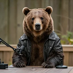 a grizzly bear wearing a leather jacket as a guest on the joe rogan podcast