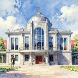 museum building, colorful watercolor. by rembrant, battle angel alita, ralph mcquarrie, aluminum, 1 6 6 7
