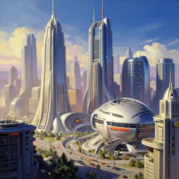the futuristic city from back to the future 2, beautiful matte painting