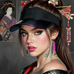madison beer, detailed portrait young gangster woman, amazing beauty, visor, neon tattoo, styled hair, decorated traditional japanese ornaments by carl spitzweg, ismail inceoglu, vdragan bibin, hans thoma, greg rutkowski, alexandros pyromallis, perfect face, fine details, realistic shaded