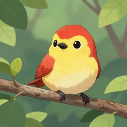 goro fujita ilustration a cute little bird with its beak and two eyes, with red and yellow feathers perched on a branch in the leafy forest, painting by goro fujita, sharp focus, highly detailed, artstation