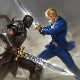 a blond man in a blue suit swinging a sword against a fighter with a rune blade and no armor, d & d, heartstone, digital painting, volumetric light, intricate, sharp, focus, bloom, illustration, highly detailed, concept art, matte, ruan jia, randy vargas, greg rutkowski