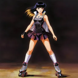 cyberpunk girl rollerblading, pleated miniskirt, overknee socks, battle angel alita, by hajime sorayama, wayne barlowe, boris vallejo