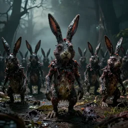 a dark army decaying zombie rabbits infected with the T-virus, film still